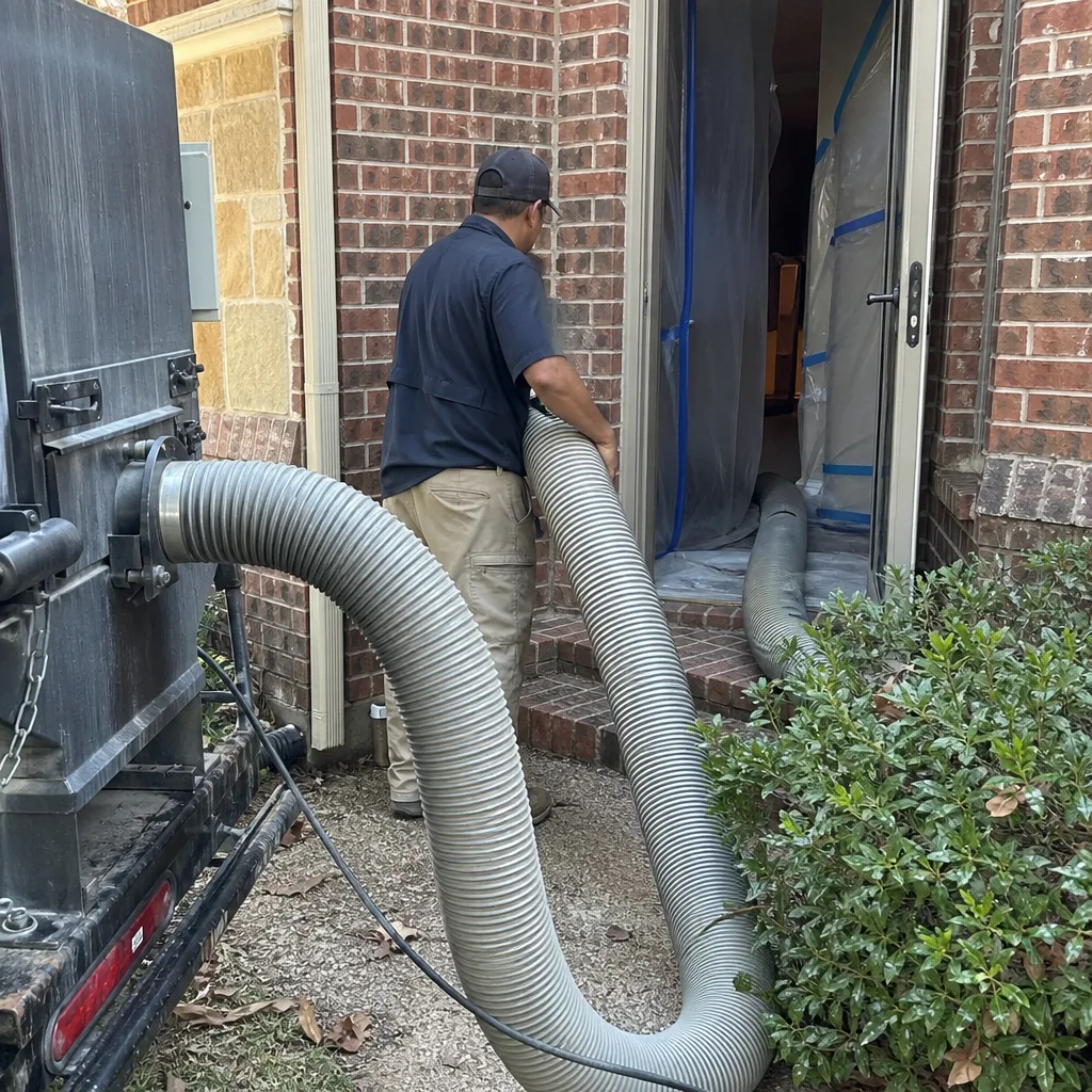 Technician setting up industrial vacuum hose for professional air duct cleaning services