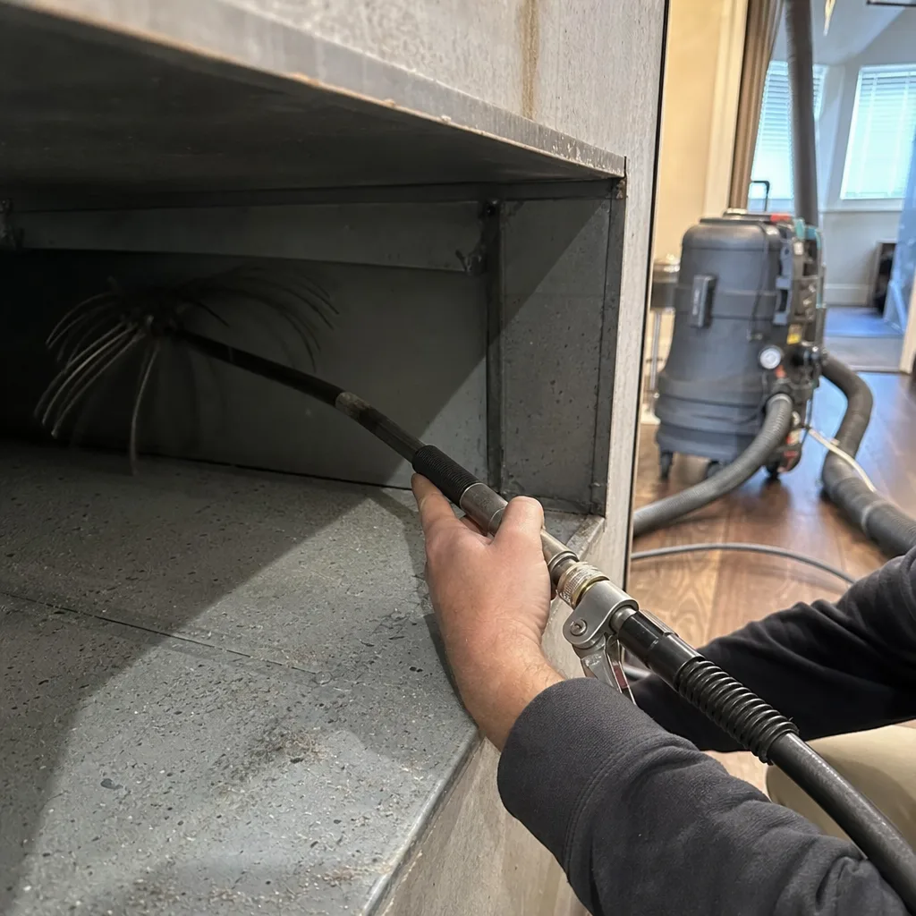 Technician using a rotating brush tool for residential air duct cleaning