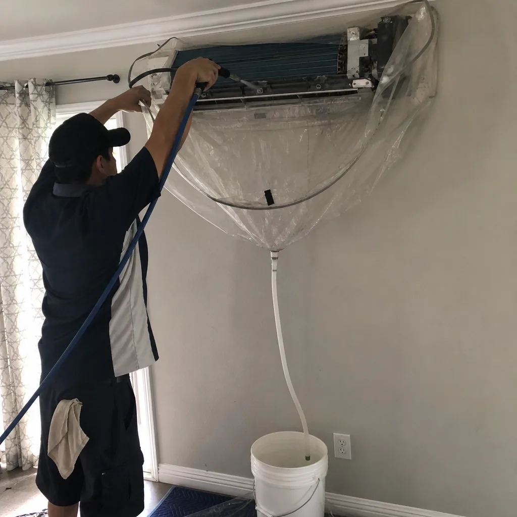 Technician performing professional wall-mounted HVAC unit deep cleaning with protective bag